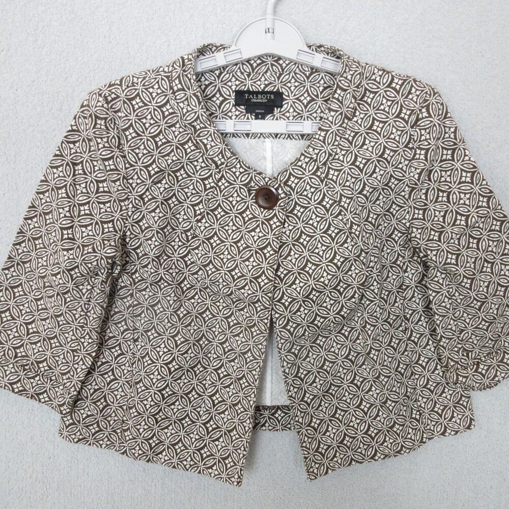 Talbots Jacket Womens Size 6 Brown White Patterned Classic Fit Stretch Elegant
